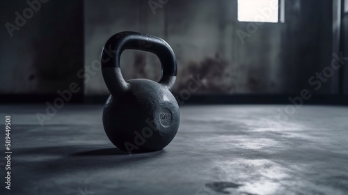 The kettlebell in the gym against the backdrop of the room. Generative AI.