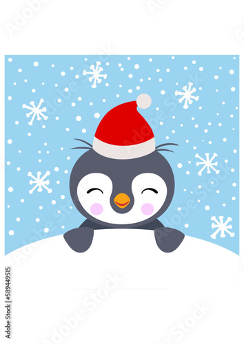 Christmas card with cute penguin in the snow