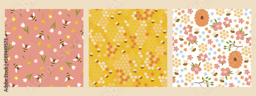 Set of seamless patterns with bees and flowers. Vector graphics.