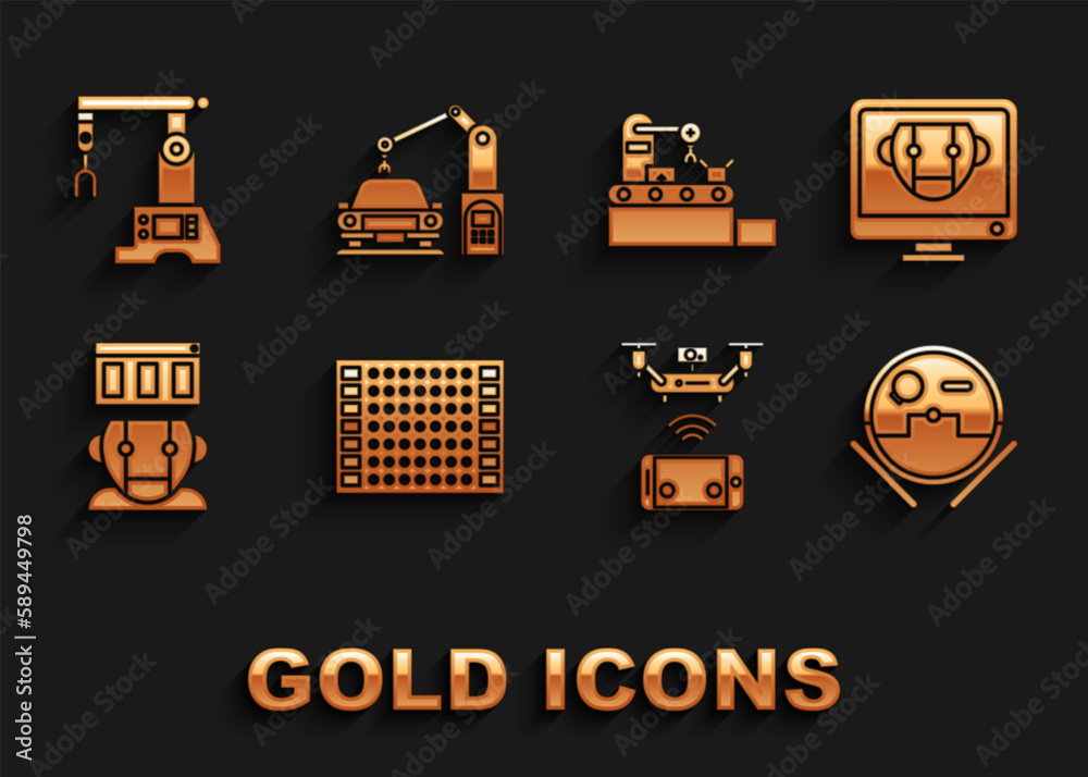Set Printed circuit board PCB, Bot, Robot vacuum cleaner, Remote aerial drone, Factory conveyor system belt, Assembly line and Industrial machine robotic robot arm hand icon. Vector Set Printed circuit board PCB, Bot, Robot vacuum cleaner, Remote aerial drone, Factory conveyor system belt, Assembly line and Industrial machine robotic robot arm hand icon. Vector