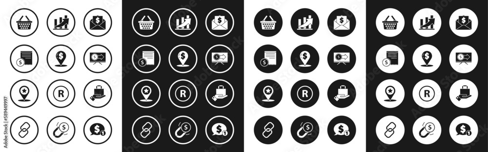 Set Envelope with coin dollar, Cash location pin, Paper check and financial check, Shopping basket, Monitor, Financial growth, Hand paper shopping bag and Map pointer star icon. Vector