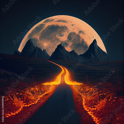 Fantasy Fairy Tale Full Moon Illuminates the Night Road  Shining Moonlight  Abstract Generative AI Illustration