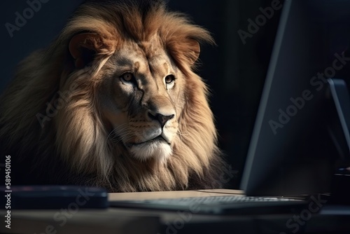 the lion sits in front of the computer  