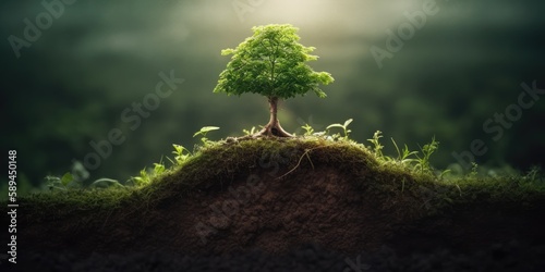 Sprouting tree in moss-covered terrain, 2:1 aspect ratio, green academia, tinkercore, vibrant backdrop, light green and dark brown hues, generative AI illustration photo