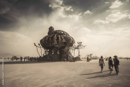 Futuristic Desert Festival with Surreal Atmosphere and Bright Daylight, Generative AI