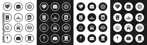 Set American star shield, City landscape, Potatoes french fries in box, USA Independence day, Calendar with date July 4, Burger, Vote and Shield stars icon. Vector