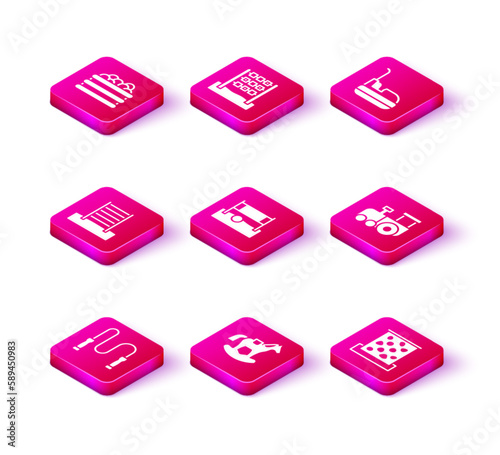 Set Jump rope, Horse in saddle swing, Swedish wall, Volleyball net with ball, Climbing, Toy train, Bumper car and Tic tac toe game icon. Vector