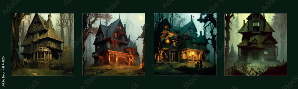 Haunted mansion with spooky backdrop, haunted house with lights in ...