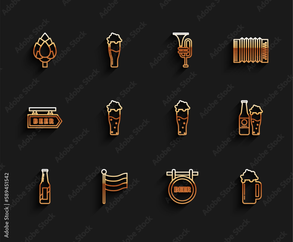 Set line Beer bottle, National Germany flag, Hop, Street signboard with inscription, Glass of beer, and glass and icon. Vector Set line Beer bottle, National Germany flag, Hop, Street signboard with inscription, Glass of beer, and glass and icon. Vector