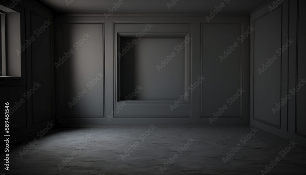 Interior simple empty dark black room in vintage style, luxury retro apartment. Empty place, frame, background. Generative AI