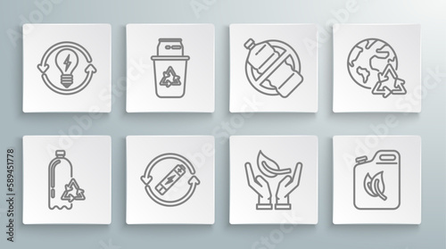 Set line Recycling plastic bottle, Battery line, Sprout hand of environmental protection, Bio fuel canister, No, Planet earth recycling and light bulb lightning icon. Vector