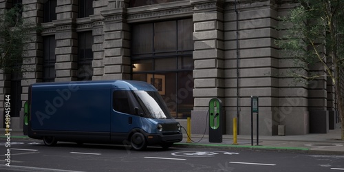 Wide shot of modern electric delivery van charging on a street of a big city while courier is delivering the parcel. Realistic 3d rendering