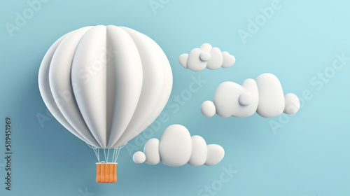 A picturesque scene of a hot air balloon floating among a light blue and white clouds background. Generative AI