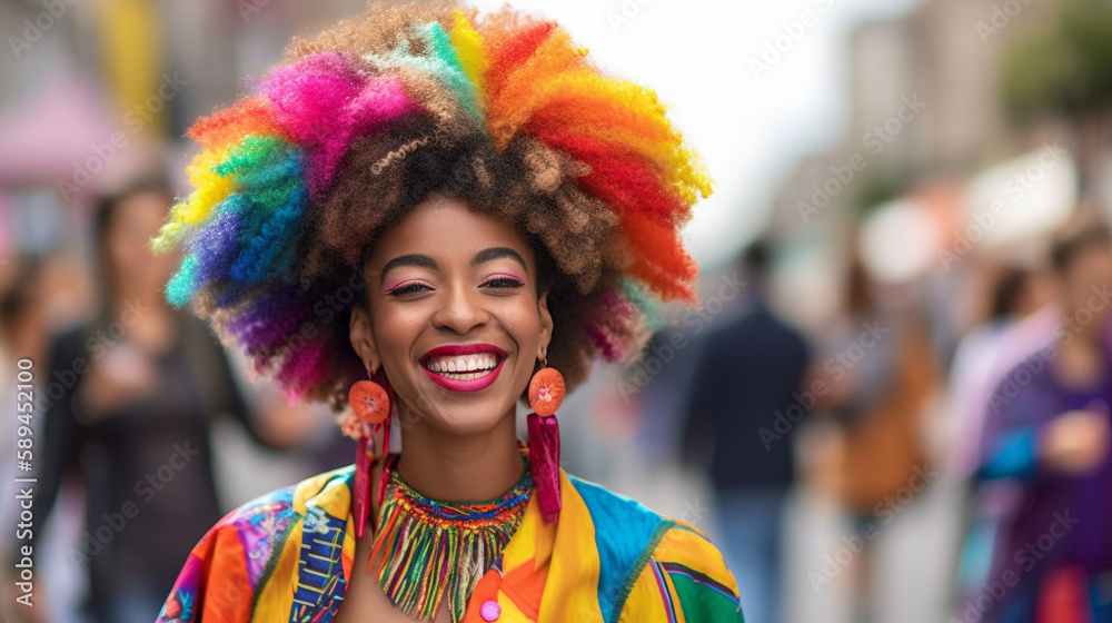 Fototapeta premium A woman with a joyful smile, wearing a colorful outfit made from natural materials. The concept is all about celebrating life. Generative AI image.