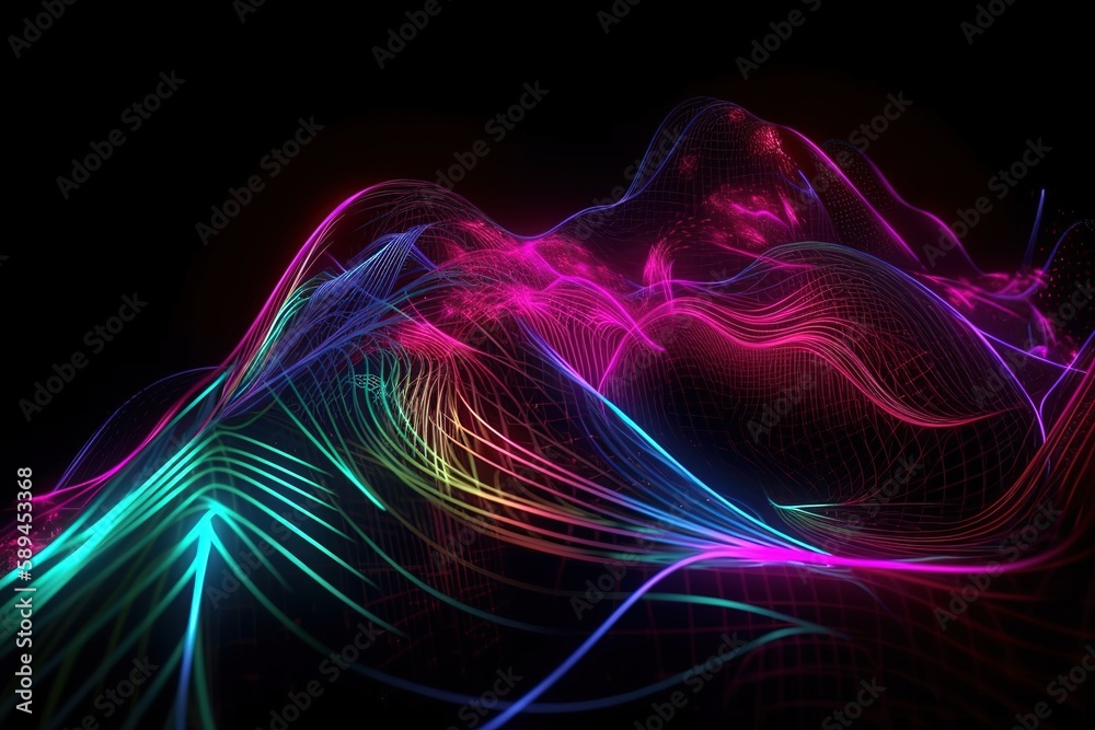 3d rendering, glowing lines, neon lights, abstract psychedelic background, ultraviolet, pink blue vibrant colors, Generative AI