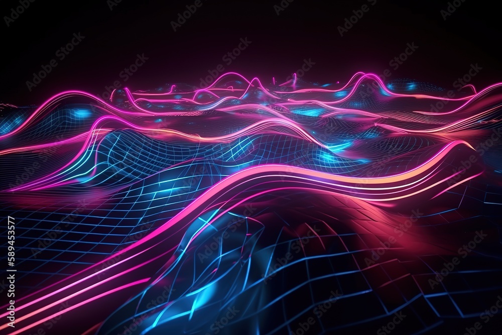 3d render, abstract background, pink blue neon light, glowing dynamic wavy lines on the floor, ultraviolet spectrum, Generative AI