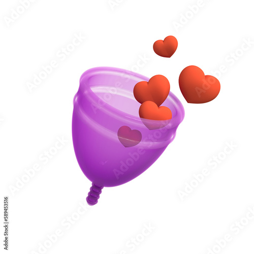 Hearts fly out of the menstrual cup on an isolated background. An alternative means of feminine hygiene during menstruation. The concept of women's health protection.