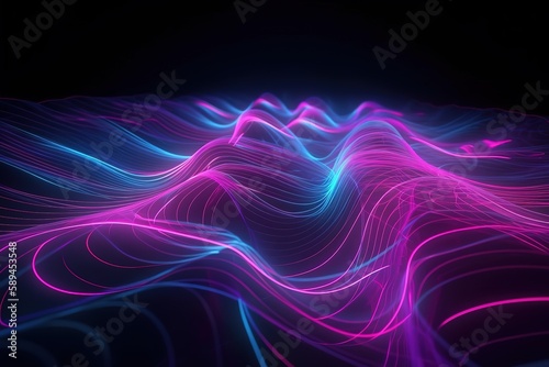 3d render, abstract background, pink blue neon light, glowing dynamic wavy lines on the floor, ultraviolet spectrum, Generative AI