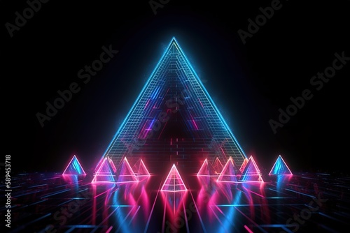 3d render, abstract background, triangle portal, glowing dots, screen pixels, neon light, virtual reality, ultraviolet spectrum, pink blue colors, laser show, Generative AI © Parvez