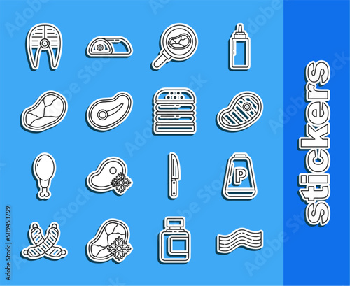 Set line Bacon stripe  Pepper  Steak meat  in frying pan  Fish steak and Burger icon. Vector