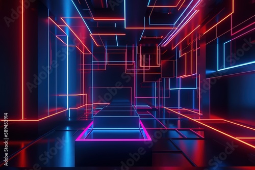 3d render, abstract background with empty dark room illuminated with red blue neon light. Laser lines labyrinth, virtual reality space, Generative AI