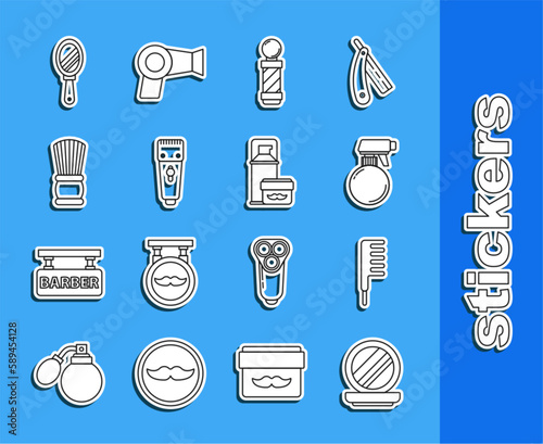 Set line Makeup powder with mirror, Hairbrush, Hairdresser pistol spray bottle, Classic Barber shop pole, Electrical hair clipper shaver, Shaving, Hand and gel foam icon. Vector