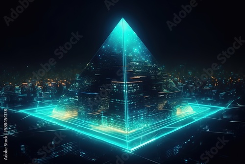 3d render, abstract blue green neon background. Holographic triangular pyramid glowing in the dark, levitating above the street.Generative AI