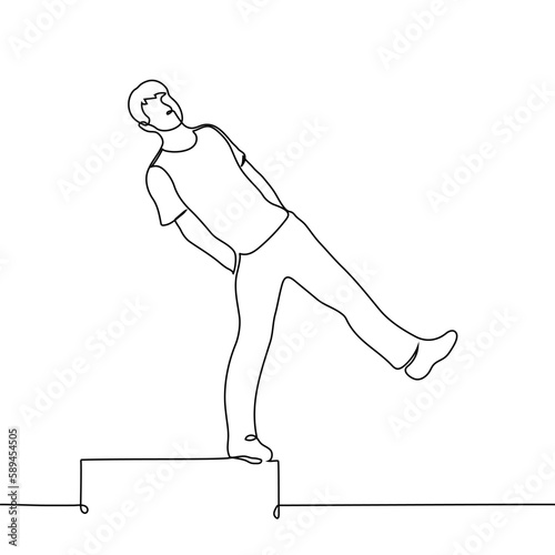 man stands on the edge of the abyss with hands in pockets about to step - one line drawing vector. the concept to step into the abyss, to make a reckless action