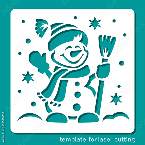 Square stencil with a cheerful snowman. Cute smiling winter character with a broom in the snow.  Template for plotter laser cutting of paper, wood carving, metal engraving, cnc. Vector illustration.
