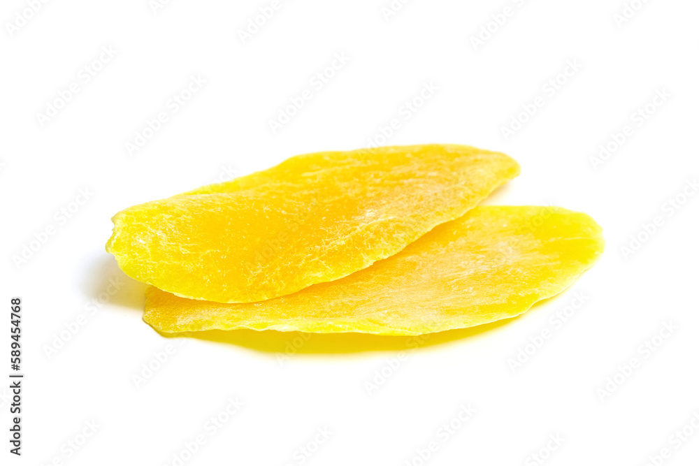 Dehydrated mango slices isolated in white background. Candied fruits. Two dried mango slices Dehydrated mango slices isolated in white background. Candied fruits. Two dried mango slices