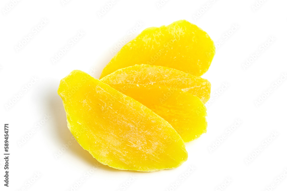 Dehydrated mango slices isolated on white background. Three candied mango chips, dried fruit Dehydrated mango slices isolated on white background. Three candied mango chips, dried fruit