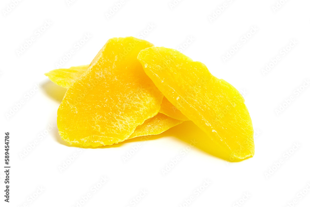 Candied mango fruit slices isolated on white background. Dried mango slices Candied mango fruit slices isolated on white background. Dried mango slices