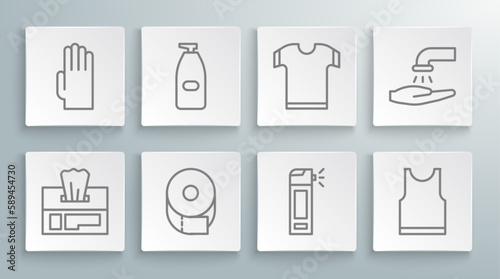 Set line Wet wipe pack, Bottle of liquid antibacterial soap, Toilet paper roll, with nozzle spray, Sleeveless T-shirt, Washing hands and Rubber gloves icon. Vector