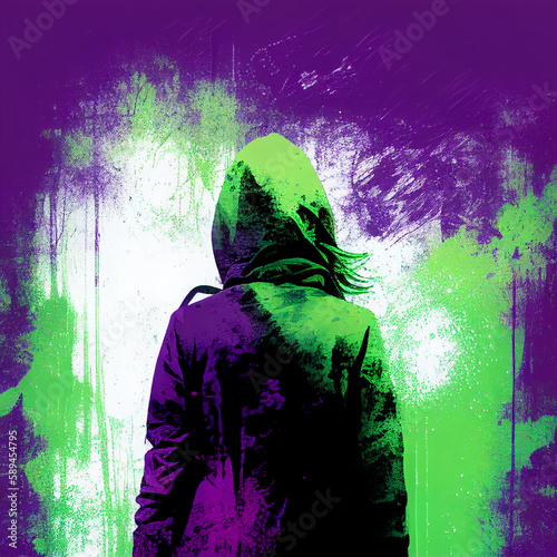 Lone Woman Standing Modern Women's Rights Group Purple Green White Suffragette Demonstration Abstract Art Generative AI Tools Technology illustration	 photo