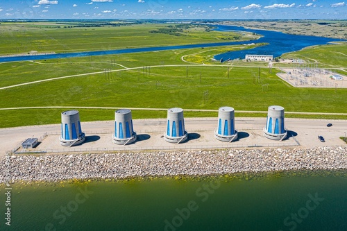 Hydroelectric power turbines at Gardiner Dam by Lake Diefenbaker, Saskatchewan, Canada, drone shot photo