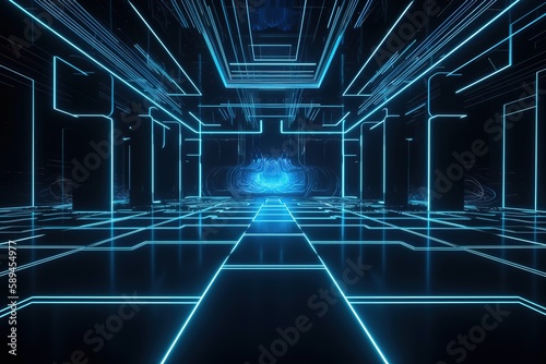 3d render, abstract neon background with fluorescent line lamps glowing with blue light. Empty studio stage for performance show, Generative AI.