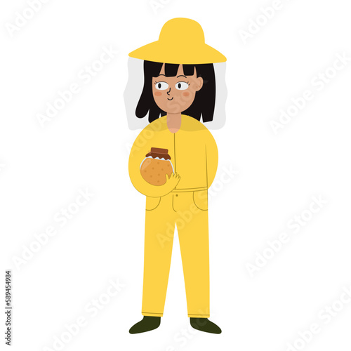 Cute girl beekeeper in protective costume with a honey. Young farmer in cartoon style. Harvesting print. Vector illustration