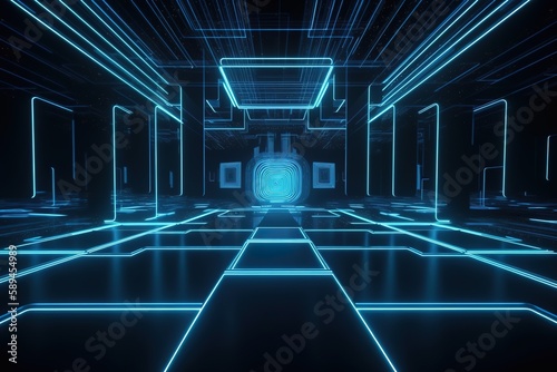 3d render, abstract neon background with fluorescent line lamps glowing with blue light. Empty studio stage for performance show, Generative AI.