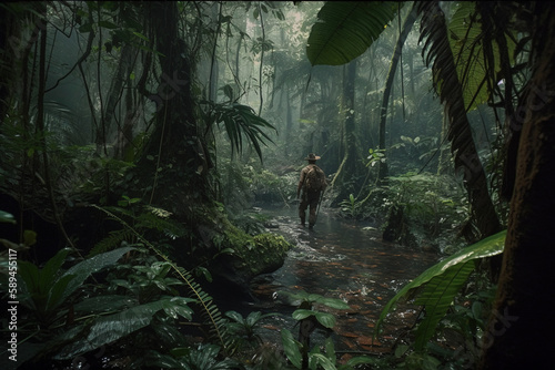 Fototapeta Naklejka Na Ścianę i Meble -  Backpacker Lost in the Forest Created with Generative AI Technology