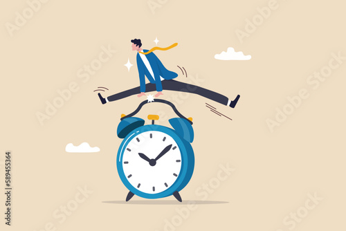 Punctual being on time or time management, work deadline or procrastination, self discipline, work efficiency or reminder, urgency or quick work concept, confidence businessman jump over alarm clock.