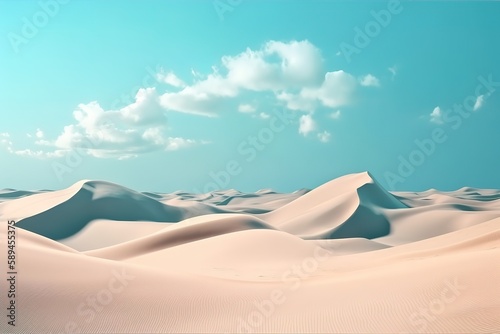 3d render, abstract simple panoramic background. Desert landscape with sand dunes under the blue sky with white clouds. Modern minimal aesthetic wallpaper, Generative AI