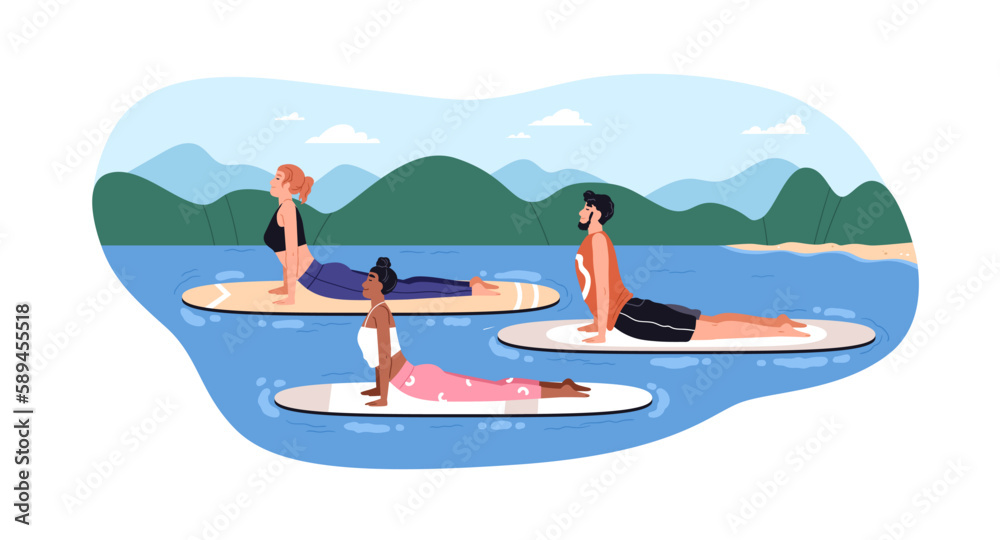 Yoga on surfboards. People exercising, stretching on surf sup board floating in water. Healthy family training outdoors in summer nature. Flat graphic vector illustration isolated on white background