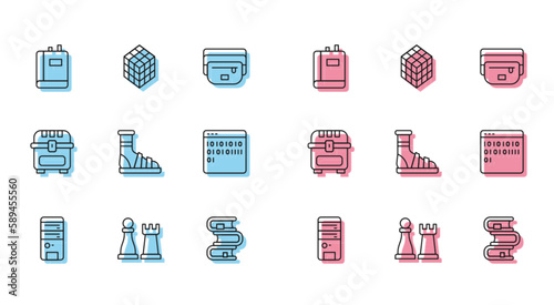 Set line Computer, Chess, Book, Slippers with socks, Binary code, Antique treasure chest and Rubik cube icon. Vector