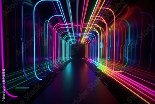3d render, glowing lines, neon lights, abstract psychedelic background, corridor, tunnel, ultraviolet, spectrum vibrant colors, laser show, Generative AI