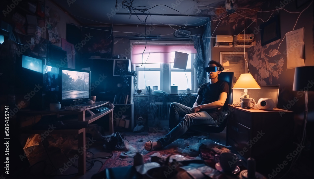 Happy man in virtual reality glasses in a mess in a room at home, escape from reality, virtual life concept, blurred motion in neon light. Generative AI Happy man in virtual reality glasses in a mess in a room at home, escape from reality, virtual life concept, blurred motion in neon light. Generative AI