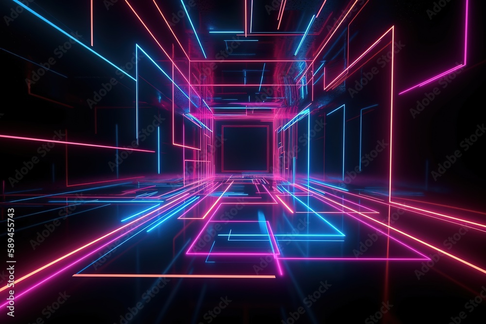 3d render, pink blue neon lines, geometric shapes, virtual space, ultraviolet light, 80's style, retro disco, fashion laser show, abstract background, Generative AI