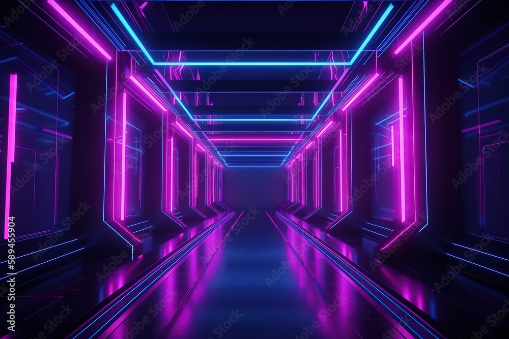 3d render, pink violet blue neon abstract background, ultraviolet light, night club empty room interior, tunnel or corridor, glowing panels, fashion podium,Generative AI