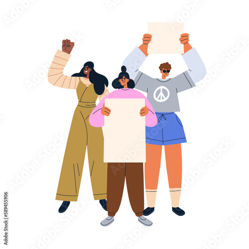 People protesting with blank placards in hands at demonstration. Young activists protestors, man and girls holding paper posters at strike picket. Flat vector illustration isolated on white background