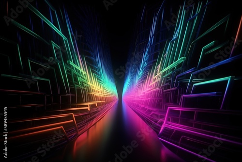 3d render, spectrum neon lights, style, glowing lines, rainbow, laser show, energy rays, synergy, virtual reality, ultraviolet, abstract fluorescent background, optical illusion, Generative AI.