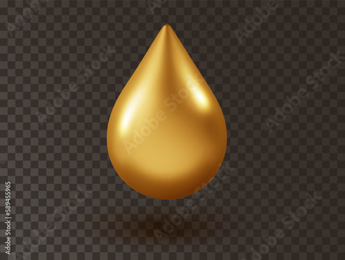 Golden oil droplet isolated. Realistic collagen essence, 3d vitamin icon. Healthcare and medicine concept.